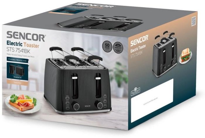 Тостер Sencor 1860Вт, підігрів, розморожування, 4 слоти, пластик, чорний