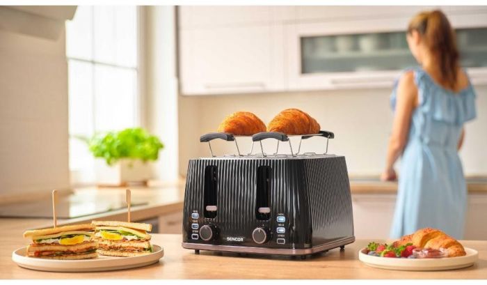 Тостер Sencor 1860Вт, підігрів, розморожування, 4 слоти, пластик, чорний