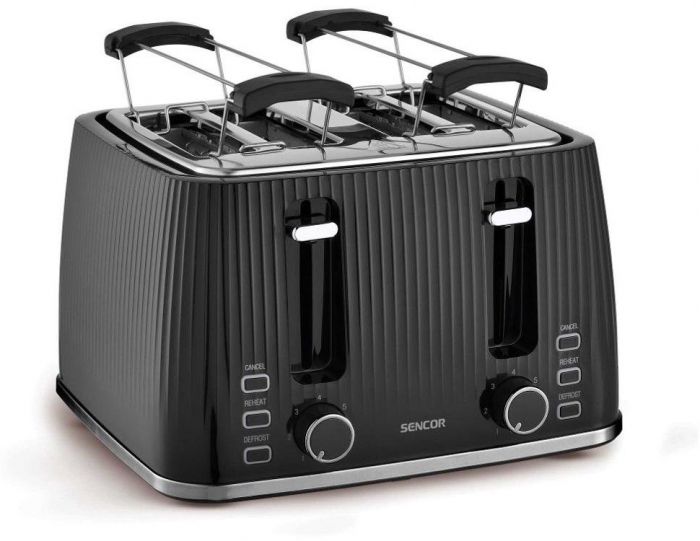 Тостер Sencor 1860Вт, підігрів, розморожування, 4 слоти, пластик, чорний