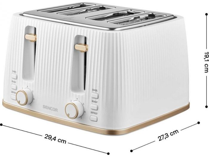 Тостер Sencor 1860Вт, підігрів, розморожування, 4 слоти, пластик, білий