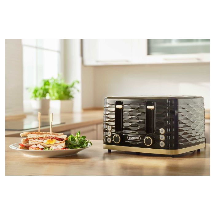 Тостер Sencor 1600Вт, підігрів, розморожування, 4 слоти, пластик, чорно-золотий