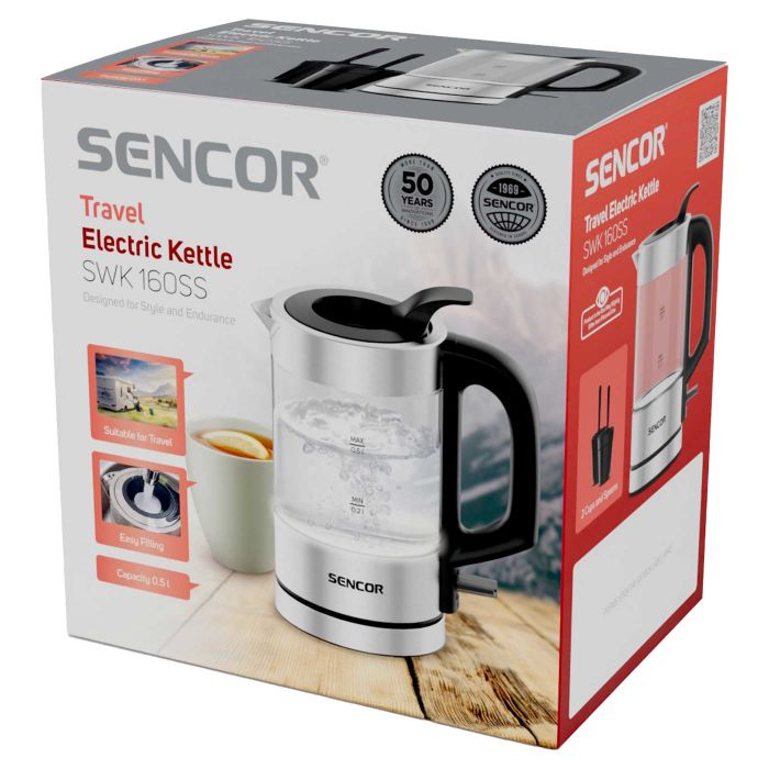 Електрочайник Sencor 0.5л, Strix, пластик, в комплекті 2 склянки + 2 ложки, скло, нерж. сталь