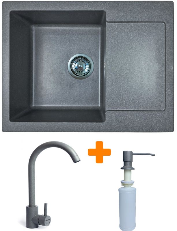 Набір кухонний Adamant Minimal, штучний камінь, прямокут., з крилом, 615х495х200мм, чаша - 1, врізна, сірий + змішувач та дозатор