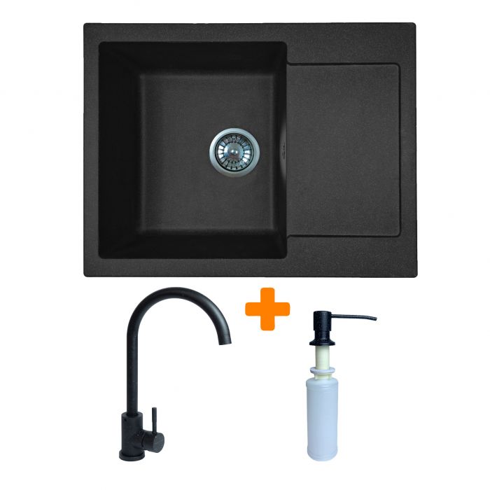 Набір кухонний Adamant Minimal, штучний камінь, прямокут., з крилом, 615х495х200мм, чаша - 1, врізна, чорний + змішувач та дозатор