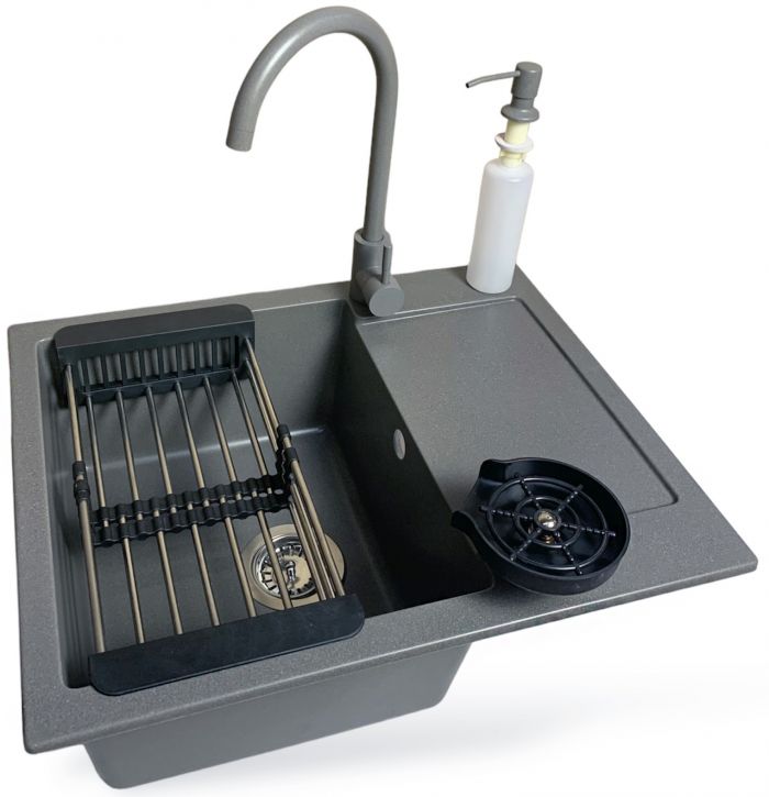 Набір кухонний Adamant Minimal, штучний камінь, прямокут., з крилом, 615х495х200мм, чаша - 1, врізна, сірий + змішувач + дозатор + ополіскувач склянок + коландер