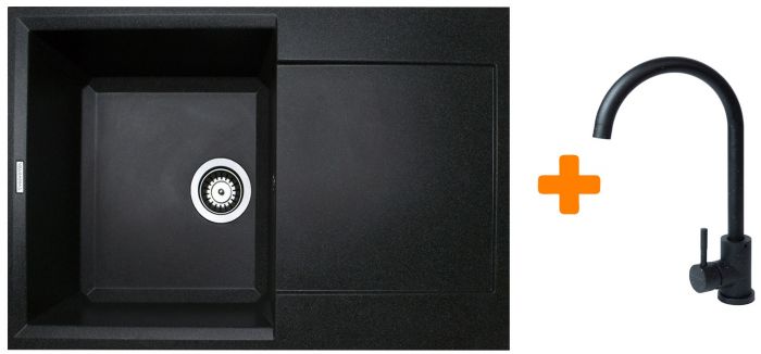 Набір кухонний Adamant Horizon, штучний камінь, прямокут., з крилом, 780х495х230мм, чаша - 1, врізна, чорний + змішувач