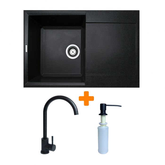 Набір кухонний Adamant Horizon, штучний камінь, прямокут., з крилом, 780х495х230мм, чаша - 1, врізна, чорний + змішувач та дозатор