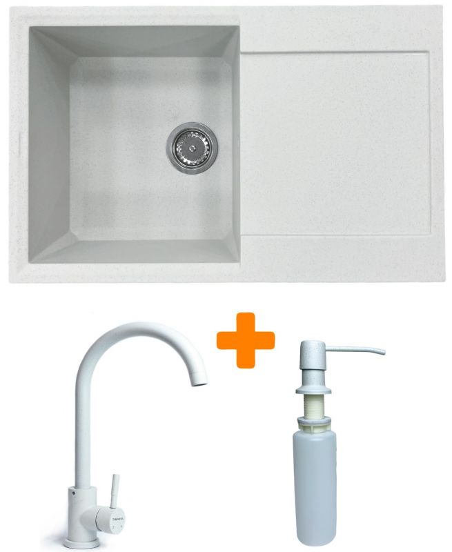 Набір кухонний Adamant Horizon, штучний камінь, прямокут., з крилом, 780х495х230мм, чаша - 1, врізна, Old stone + змішувач та дозатор