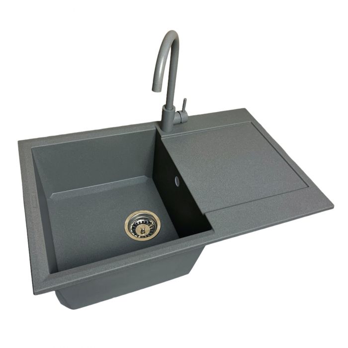 Набір кухонний Adamant Horizon, штучний камінь, прямокут., з крилом, 780х495х230мм, чаша - 1, врізна, сірий + змішувач та дозатор