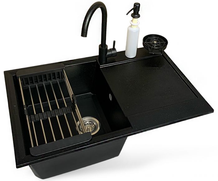 Набір кухонний Adamant Horizon, штучний камінь, прямокут., з крилом, 780х495х230мм, чаша - 1, врізна, чорний + змішувач + дозатор + ополіскувач склянок + коландер