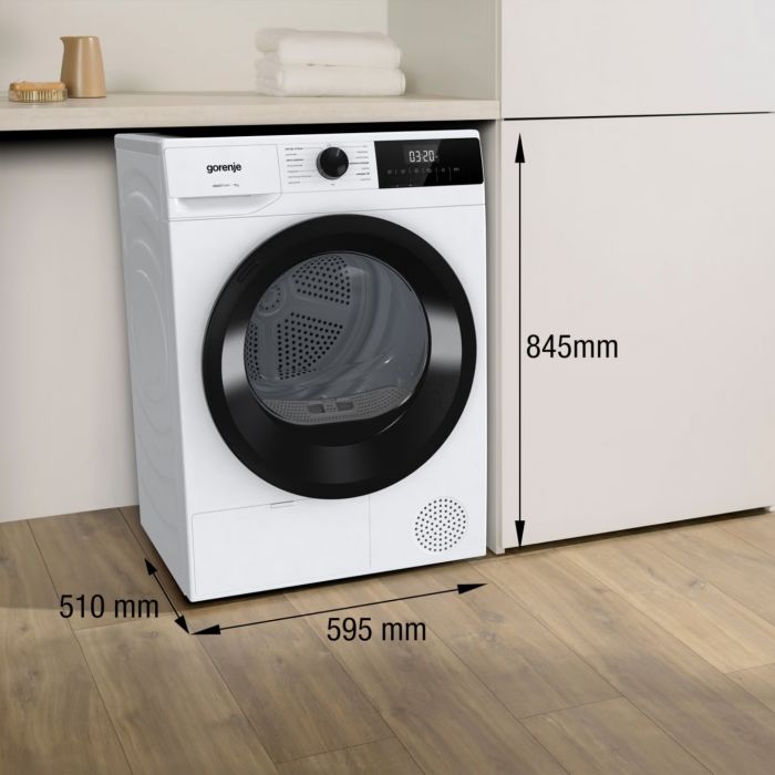 Сушильна машина Gorenje тепловий насос, 7кг, A+, 51см, дисплей, 15 програм, білий