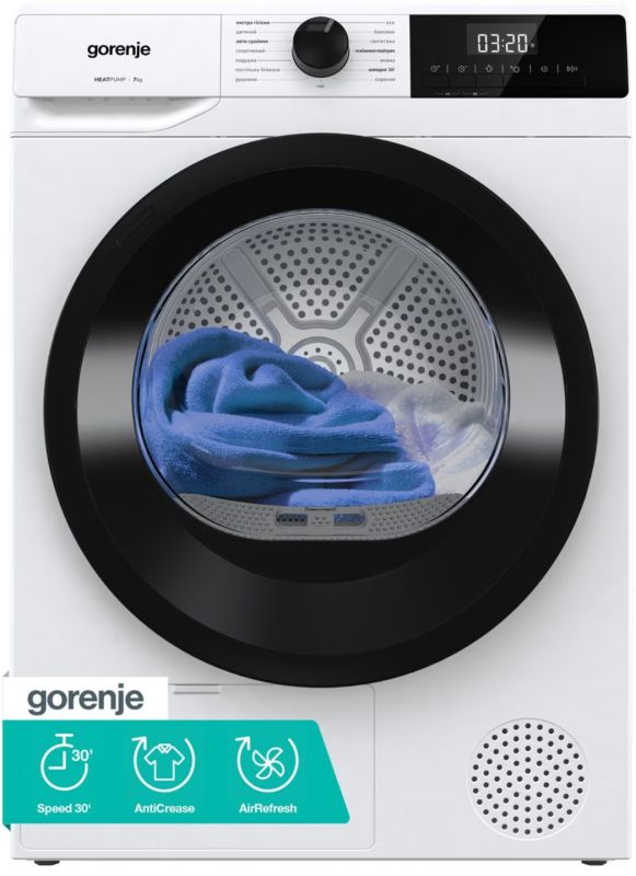 Сушильна машина Gorenje тепловий насос, 7кг, A+, 51см, дисплей, 15 програм, білий