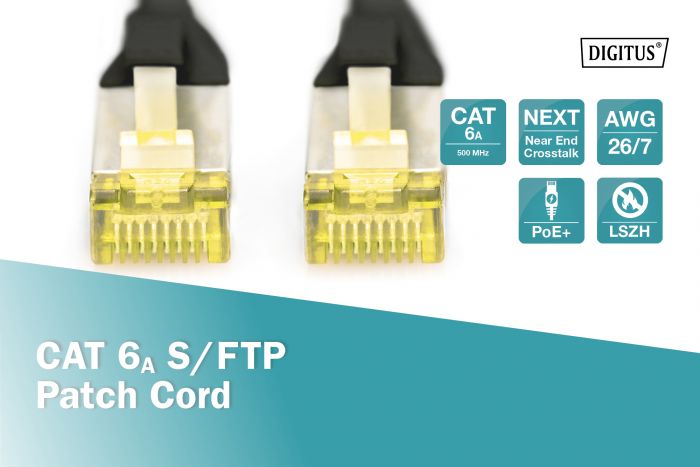 Патч-корд DIGITUS CAT 6a S-FTP, 1м, AWG 26/7, Cu, LSZH, чорний