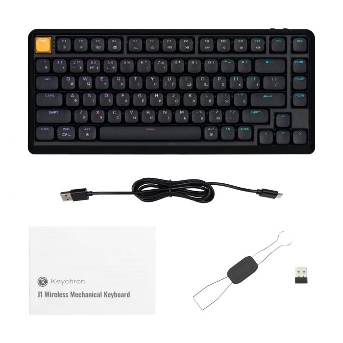Клавіатура механічна Keychron J1 82Key, K pro Brown, WL/BT/USB-A, QMK, Hot-swap, EN/UKR, RGB, чорний