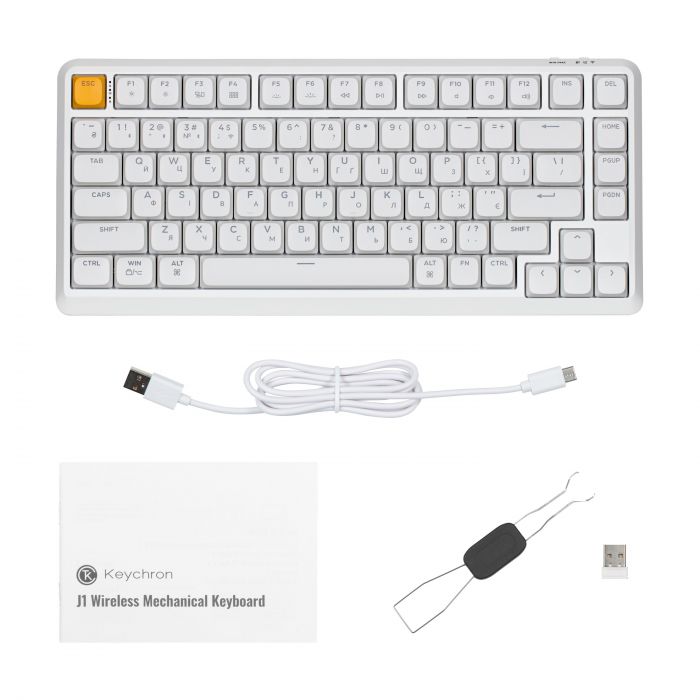Клавіатура механічна Keychron J1 82Key, K pro Banana, WL/BT/USB-A, QMK, Hot-swap, EN/UKR, RGB, білий