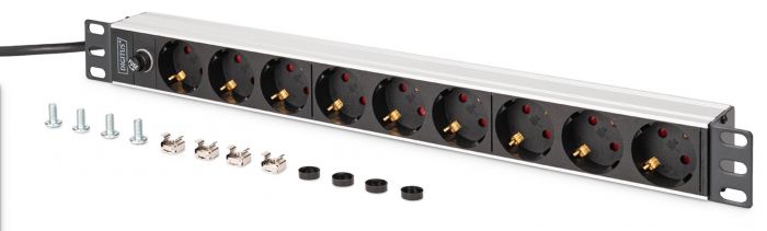Пристрій розподілу електроживлення DIGITUS 1U, 8xSchuko, 10A, 250V, запобіжник, вилка C14
