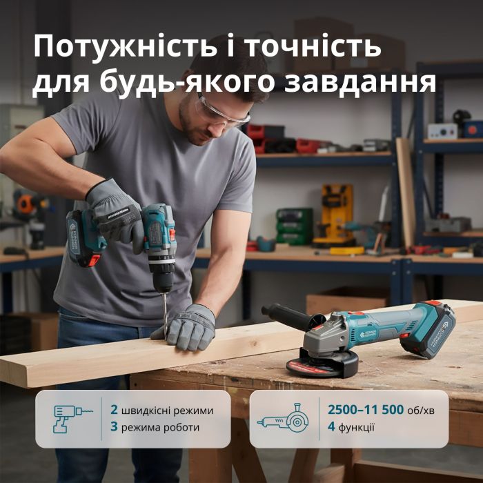 Набір із двох акумуляторних інструментів Konner&Sohnen KS IDAGB 20V SET 1 20В дриль ударний, шліфмашина кутова, швидкий ЗП 2.4А акб 1х2А·год+1х4А·год кейс 3кг