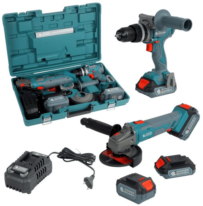 Набір із двох акумуляторних інструментів Konner&Sohnen KS IDAGB 20V SET 1 20В дриль ударний, шліфмашина кутова, швидкий ЗП 2.4А акб 1х2А·год+1х4А·год кейс 3кг