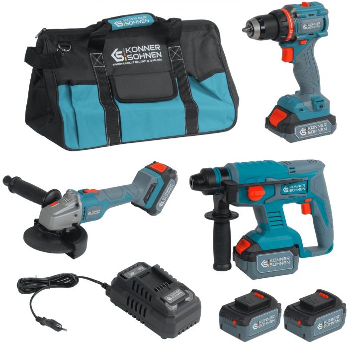 Набір із трьох акумуляторних інструментів Konner&Sohnen KS RHAGD 20V SET 3 20В дриль, шліфмашина кутова, перфоратор, швидкий ЗП 4.5А акб 2х4А·год сумка 7.5кг