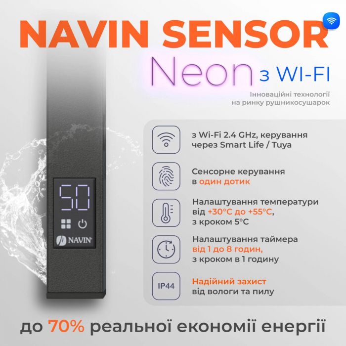 Рушникосушка Navin електрична Авангард Х, 1200х480х71мм, Wi-Fi, сталь, чорний муар, ліве підключення