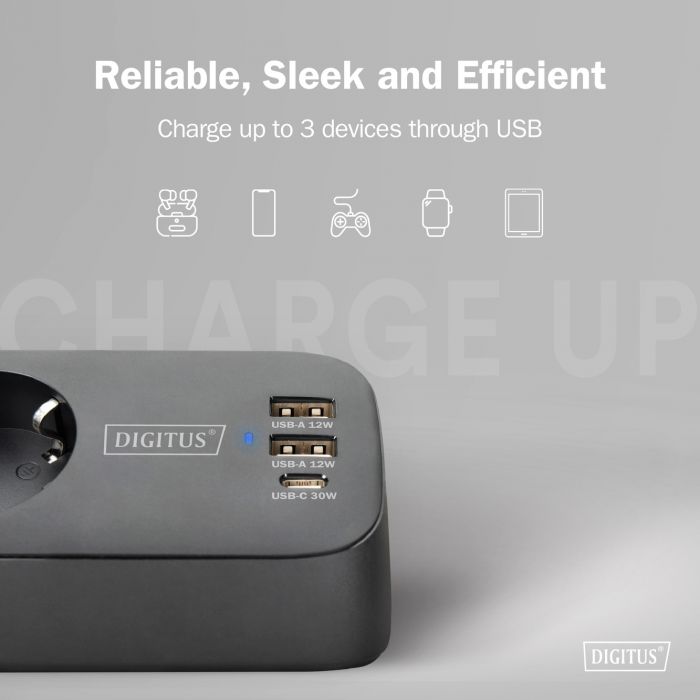 Блок розеток DIGITUS Office, 3xSchuko, 2xUSB-A, 1xUSB-C, 16A, 1.5м, вилка Schuko, чорний