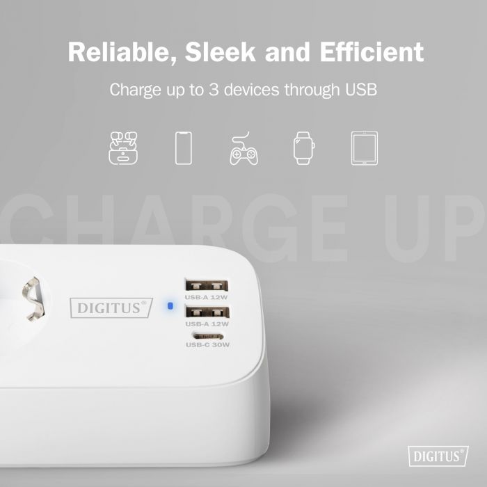 Блок розеток DIGITUS Office, 3xSchuko, 2xUSB-A, 1xUSB-C, 16A, 1.5м, вилка Schuko, білий