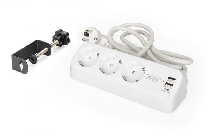 Блок розеток DIGITUS Office, 3xSchuko, 2xUSB-A, 1xUSB-C, 16A, 1.5м, вилка Schuko, білий