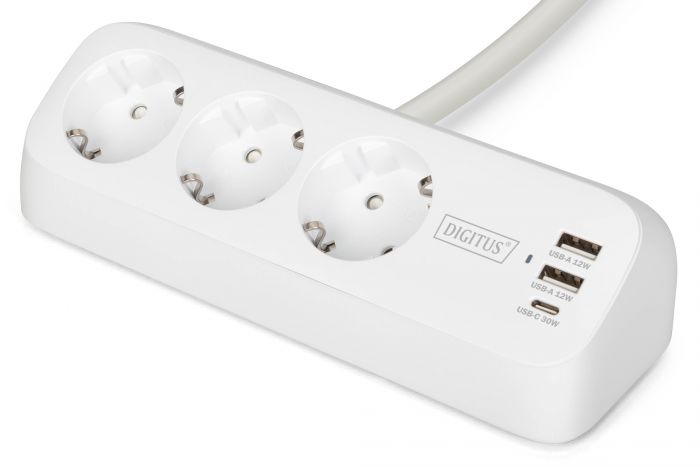 Блок розеток DIGITUS Office, 3xSchuko, 2xUSB-A, 1xUSB-C, 16A, 1.5м, вилка Schuko, білий