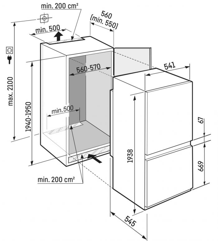 Холодильник Liebherr вбудований з нижн. мороз., 193.8x54.1х54.5, холод.відд.-202л, мороз.відд.-70л, 2дв., D, NF, диспл внутр., зона св-ті, білий