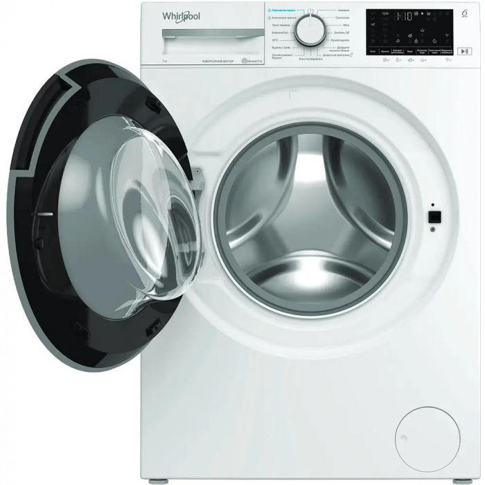 Пральна машина Whirlpool фронтальна, 7кг, 1200, A+++, 49.6см, дисплей, пара, інвертор, люк чорний, білий