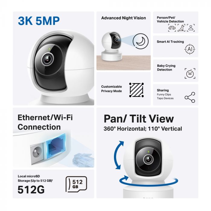 IP-Камера TP-LINK Tapo C232 5MP N300 microSD motion detection. AI