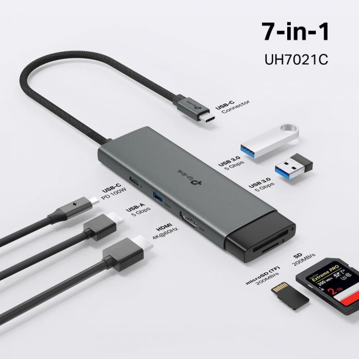 Хаб USB TP-LINK UH7021C USB-C > 3xUSB3.0/1xHDMI/1xSD/1xmicroSD/1xPD 100Wh