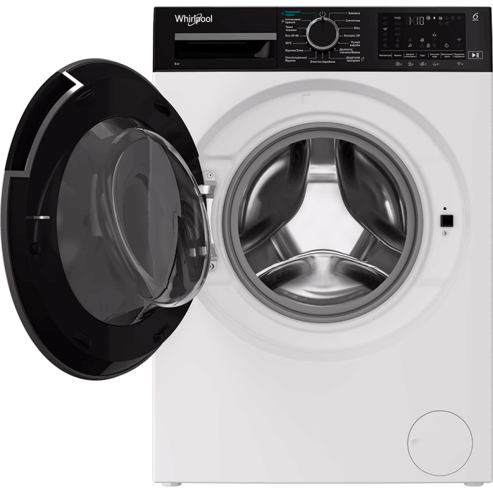 Пральна машина Whirlpool фронтальна, 8кг, 1400, C, 55см, дисплей, пара, інвертор, люк чорний, білий