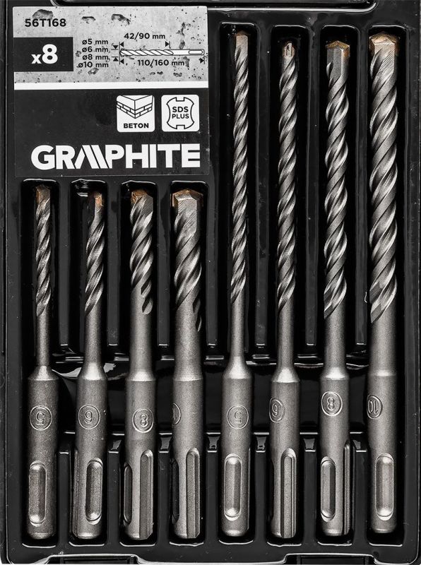Набір свердел по бетону GRAPHITE SDS Plus 5x6x8х110мм, 5х6x8x10x160мм, кейс, 8шт