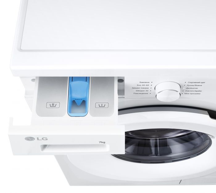 Пральна машина LG фронтальна, 7кг, 1200, A, 44см, дисплей, пара, інвертор, білий