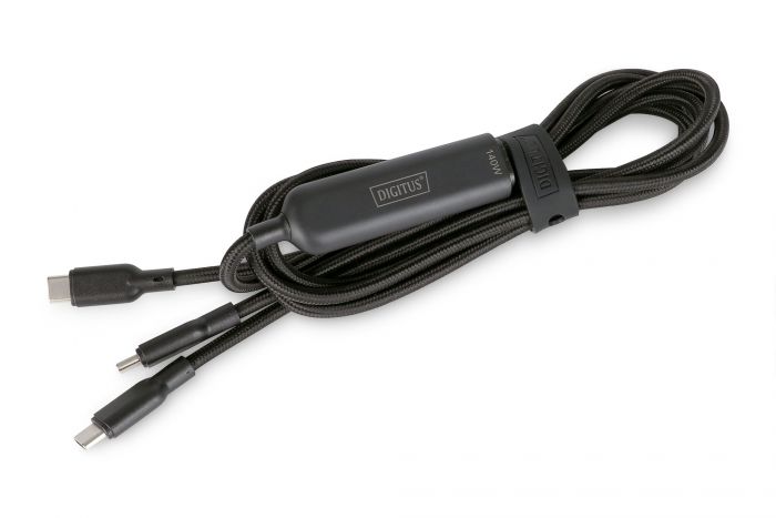 Кабель DIGITUS USB-C > 2xUSB-C заряджання/синхронізації, USB 2.0, 140W, 1.8м, чорний
