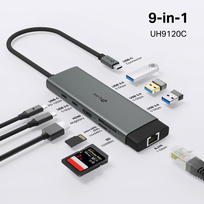 Хаб USB TP-LINK UH9120C USB-C > 3xUSB3.0/1xUSB-C/xHDMI/1xRJ45/1xSD/1xmicroSD/1xPD 100Wh