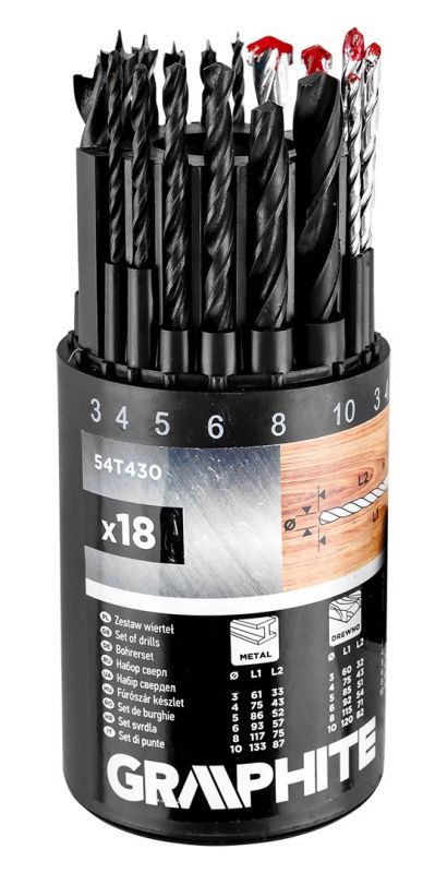 Набір свердл GRAPHITE по металу, дереву, цеглі: 3-6, 8, 10 мм, 18шт