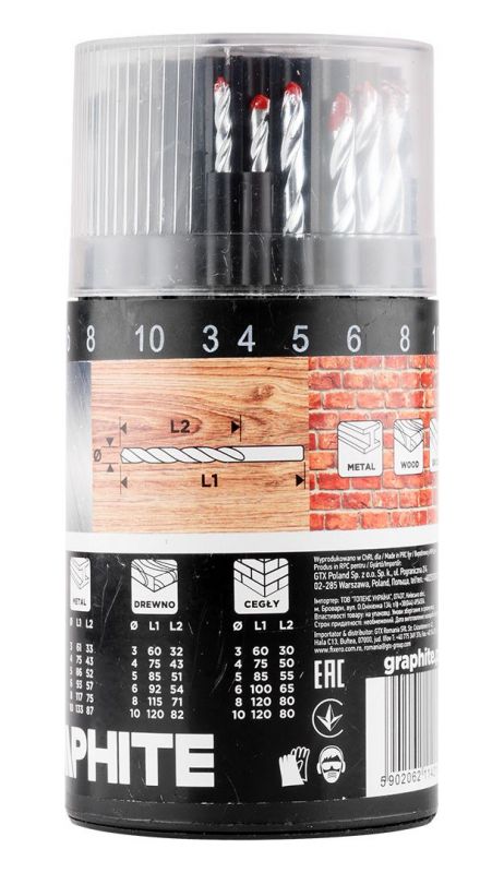 Набір свердл GRAPHITE по металу, дереву, цеглі: 3-6, 8, 10 мм, 18шт