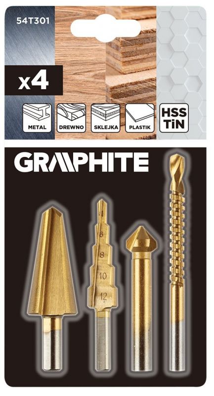 Набір свердл GRAPHITE TiN, ступінчасте свердло, розгортка, фреза, зенкер, 4шт, 0.098кг