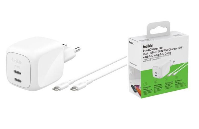 Зарядний пристрій мережевий Belkin 67Вт 2хUSB-С GAN PD PPS, кабель USB-С > USB-C, 2м, білий