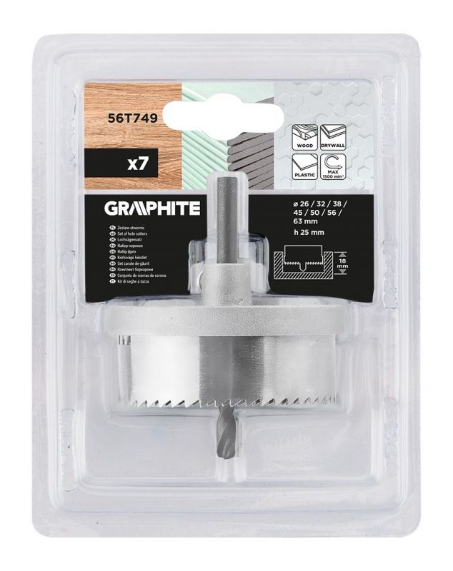 Коронки по дереву GRAPHITE 26,32,38,45,50,56,63мм, 7шт