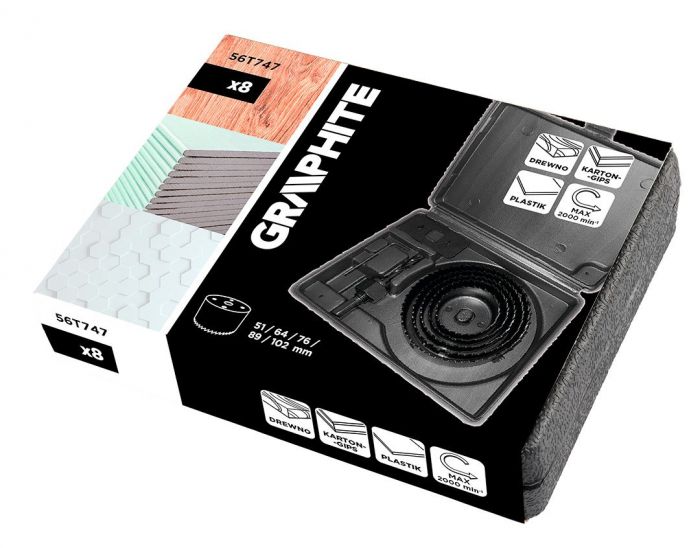 Коронки по дереву GRAPHITE 51,64,76,89,102мм, адаптер, кейс 8шт