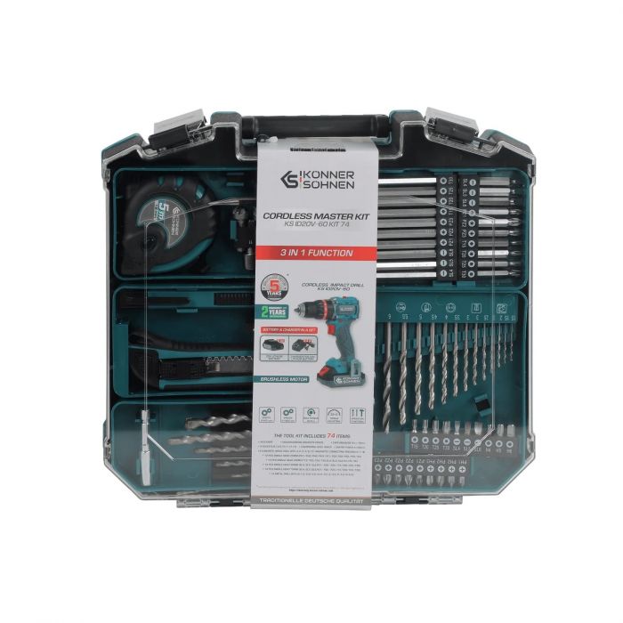 Шурупокрут-дриль ударний акумуляторний Konner&Sohnen KS ID20V-60 KIT 74 18В 1х2А·год 60Нм 0-450·0-1900об/хв LED-світло ЗП набір свердл і біт 74шт кейс 4.3кг