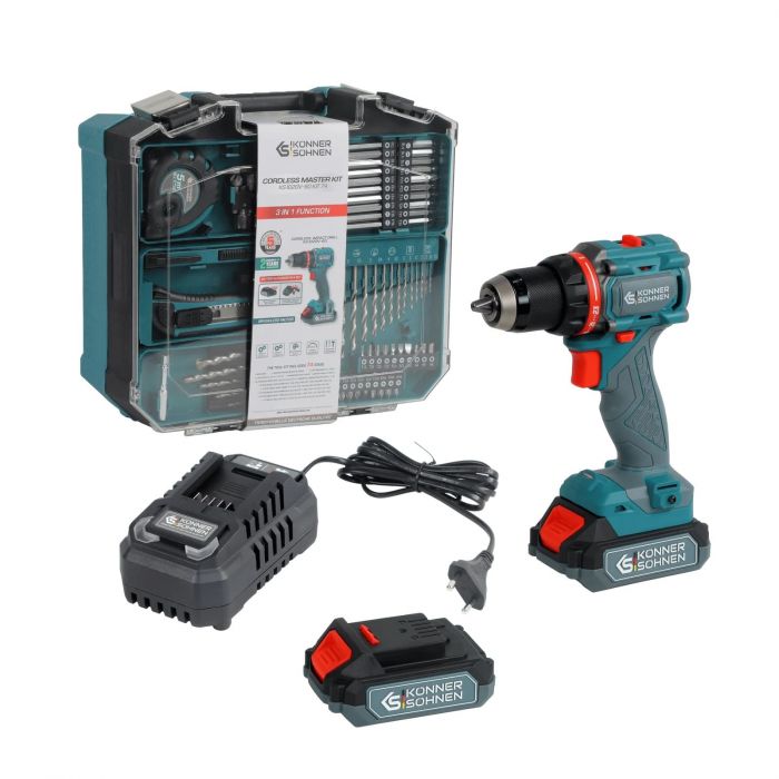 Шурупокрут-дриль ударний акумуляторний Konner&Sohnen KS ID20V-60 KIT 74 18В 1х2А·год 60Нм 0-450·0-1900об/хв LED-світло ЗП набір свердл і біт 74шт кейс 4.3кг
