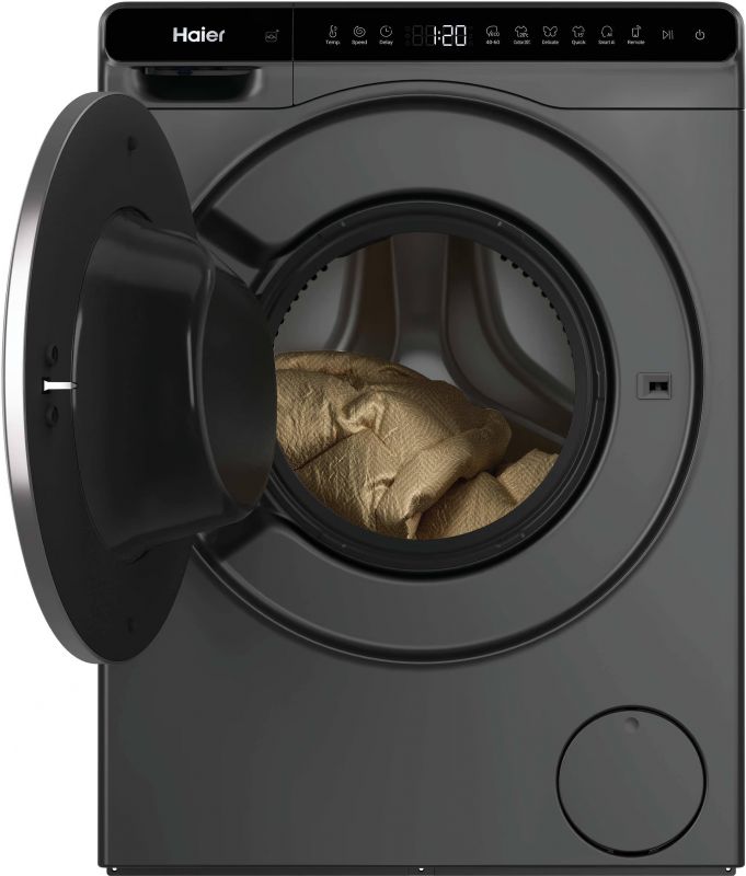 Пральна машина Haier фронтальна, 5кг, 1200, A, 42.3см, дисплей, інвертор, люк чорний, Wi-Fi, висота 70см, cріблястий