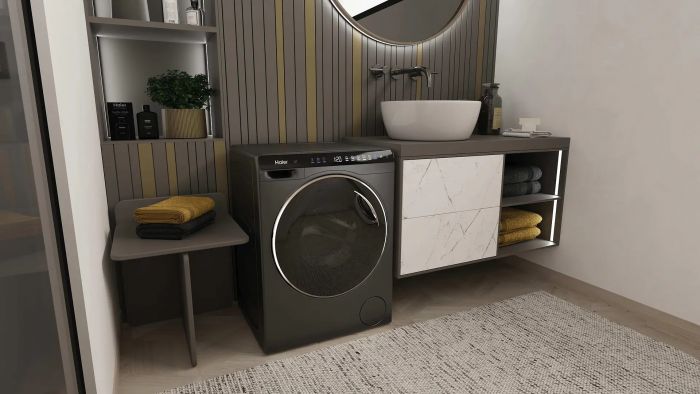 Пральна машина Haier фронтальна, 5кг, 1200, A, 42.3см, дисплей, інвертор, люк чорний, Wi-Fi, висота 70см, cріблястий