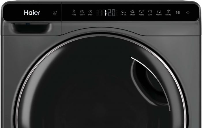 Пральна машина Haier фронтальна, 5кг, 1200, A, 42.3см, дисплей, інвертор, люк чорний, Wi-Fi, висота 70см, cріблястий