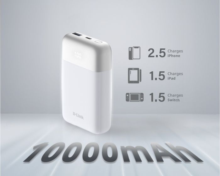 Акумулятор портативний літій-іонний Power Bank D-Link 10000мА*год 18Вт 1xUSB-A, 1xUSB-C, білий