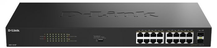 Комутатор D-Link  DGS-1018P 16x1GE PoE+, 240Вт, 30Вт/порт, Некерований